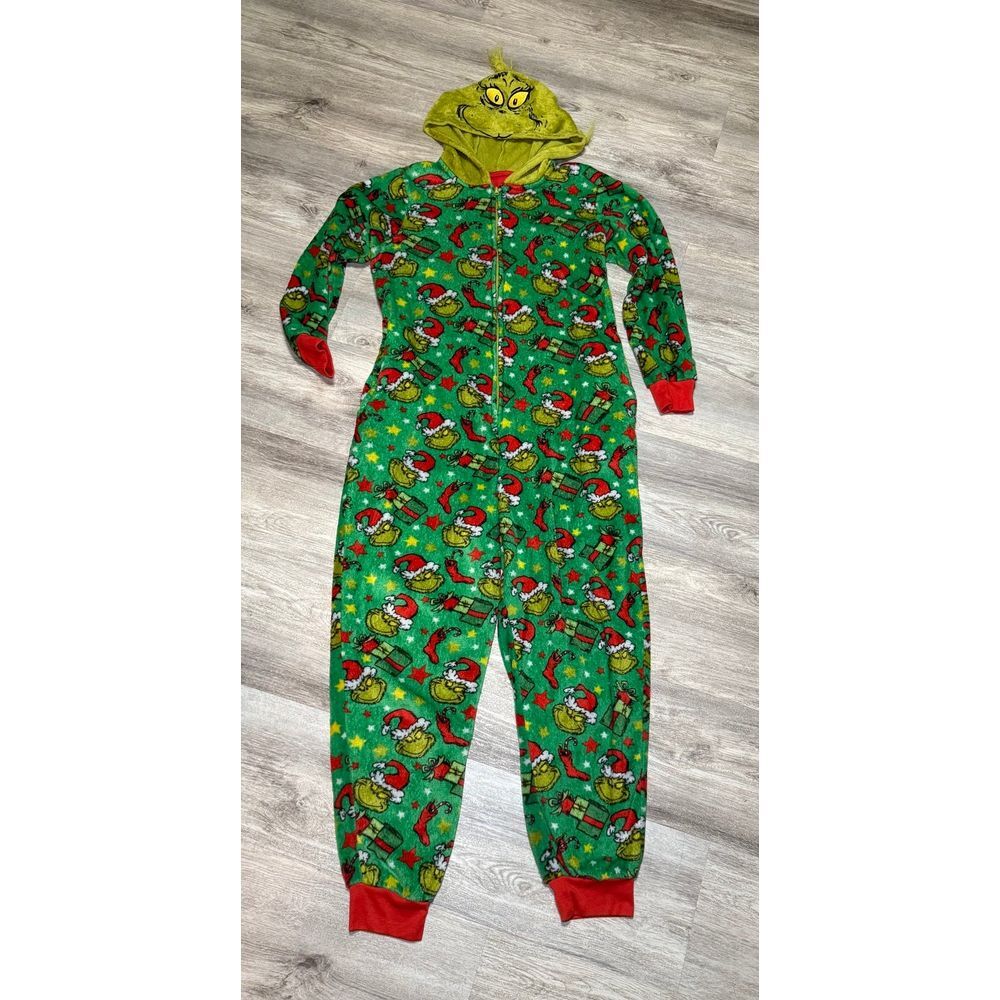 Dr. Seuss The Grinch Christmas One Piece Zip Pajama XL 16-18 Excellent